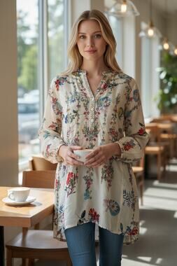 Biya by Johnny Was Silk Tunic Top Womens M Cream Floral Embroidered Boho Blouse